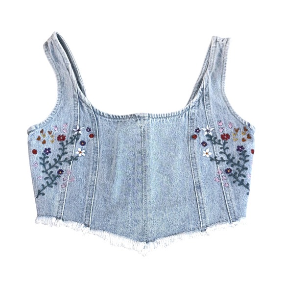 Banjara Tops - Banjara Denim Corset Crop Top Size S Floral Embroidered Frayed Hem Light Wash